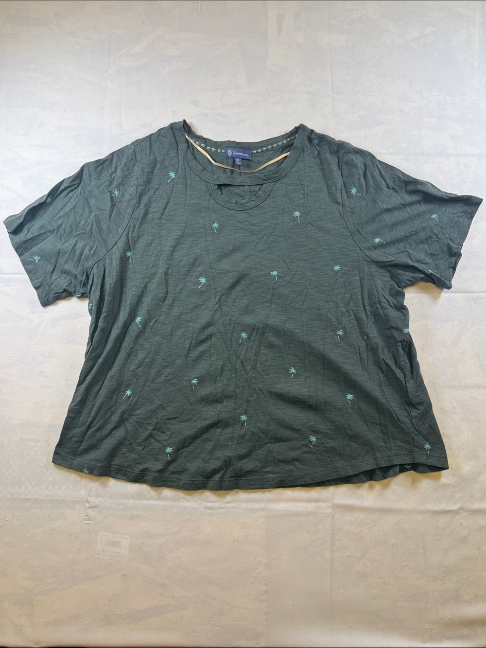 Democracy Dark Grey Short Sleeve Tee with Teal Palm Motif